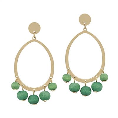 Gold Oval Earrings w/ Green Wood Beads