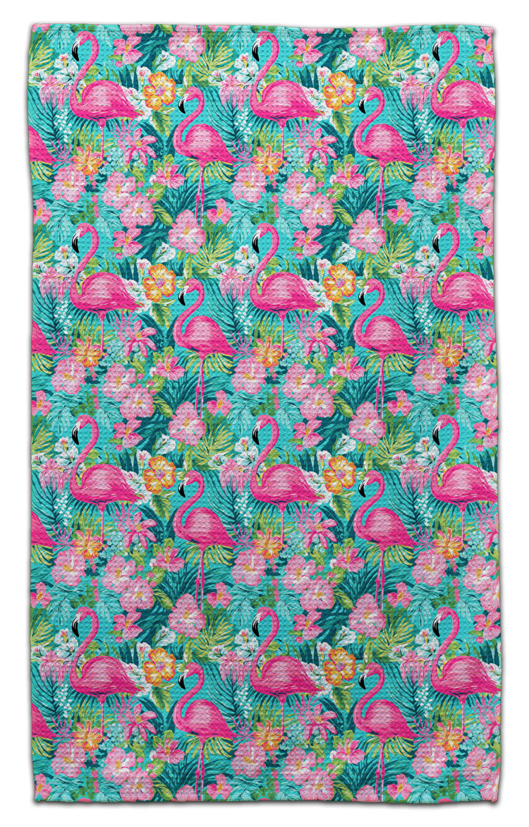 Eco-friendly flamingo hibiscus tea towel by CJ Bella, tropical pink flamingo floral kitchen towel