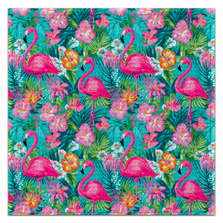 Eco-friendly flamingo hibiscus washcloth by CJ Bella, tropical pink flamingo floral kitchen cloth