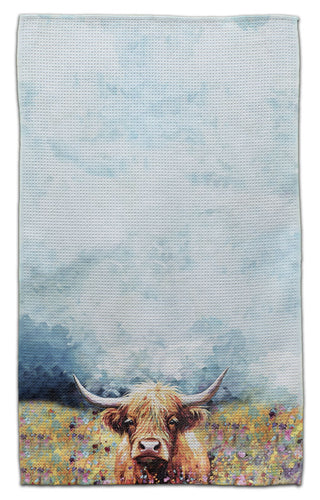 Eco-friendly highland cow tea towel by CJ Bella, cow in wildflower field kitchen towel