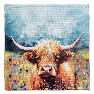 Eco-friendly highland cow washcloth by CJ Bella, cow in wildflower field kitchen cloth