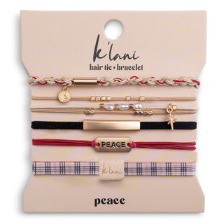 K'Lani Peace Holiday Red & Cream Plaid Hair Tie Bracelet Set