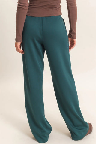 Elastic Waist Straight Leg Pants in deep green — relaxed straight leg pants, back view