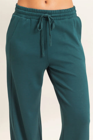 Elastic Waist Straight Leg Pants in deep green — close-up of elastic drawstring waistband detail