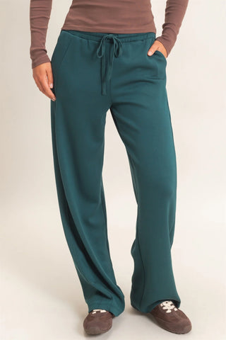 Elastic Waist Straight Leg Pants in deep green — women's drawstring straight leg pants, front view