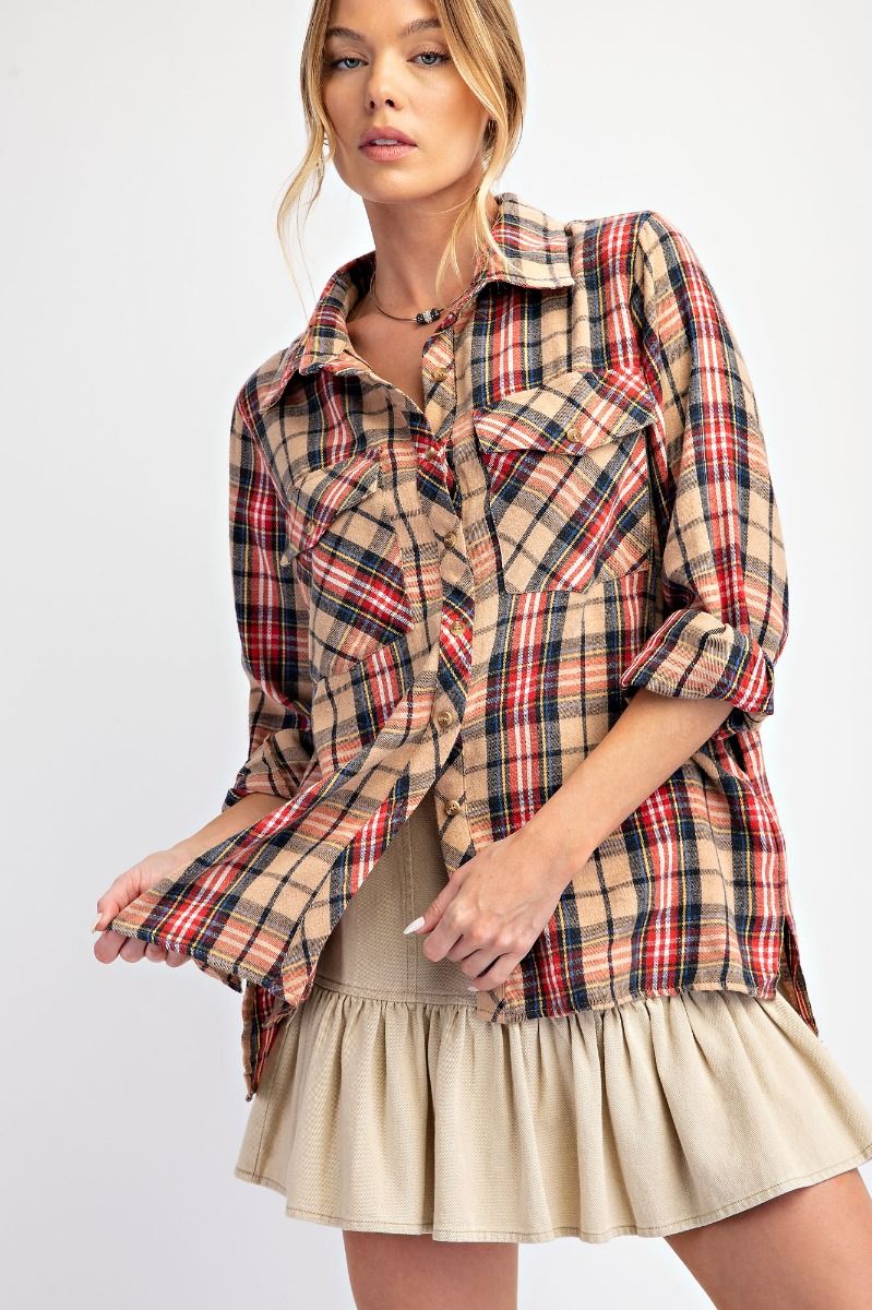 Plus Size Plaid Acid Washed Shirt