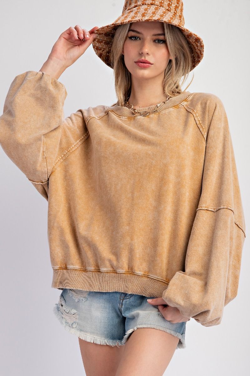 Mineral Washed Bubble Sleeve Top