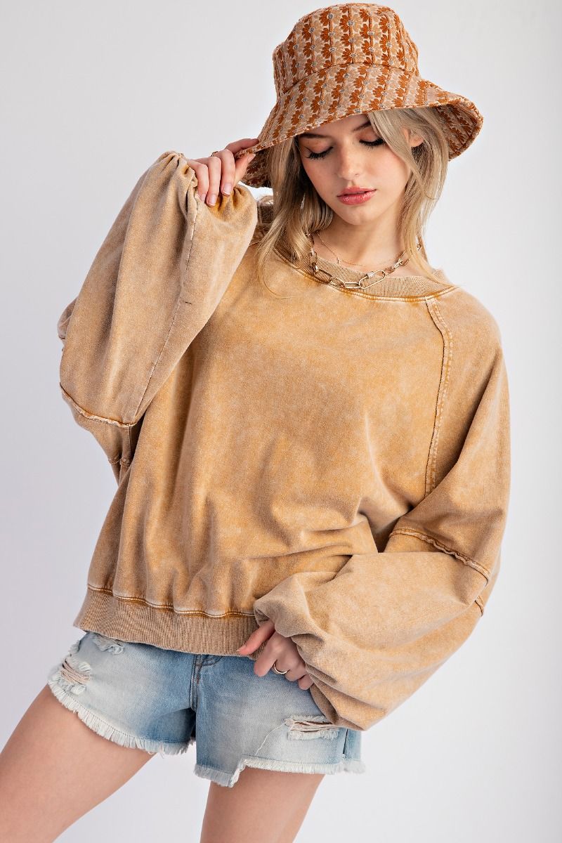 Mineral Washed Bubble Sleeve Top