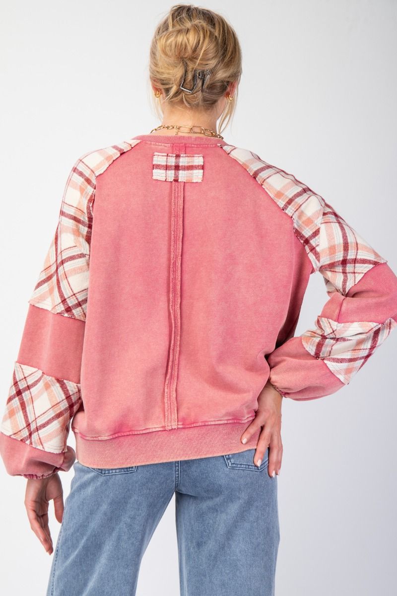 Plaid Mix Terry Knit Pullover Top