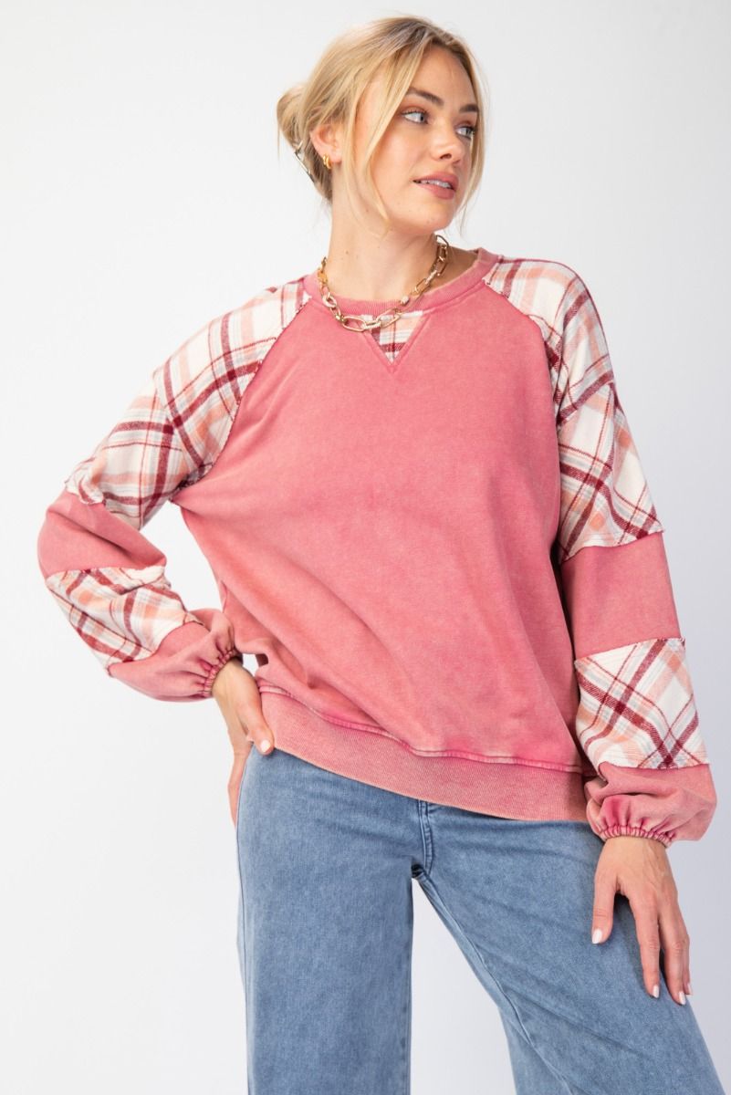 Plaid Mix Terry Knit Pullover Top