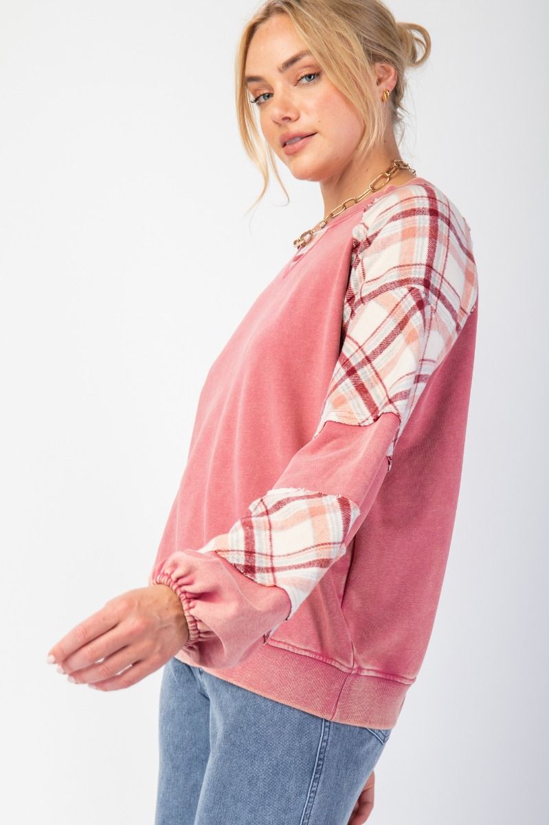 Plaid Mix Terry Knit Pullover Top