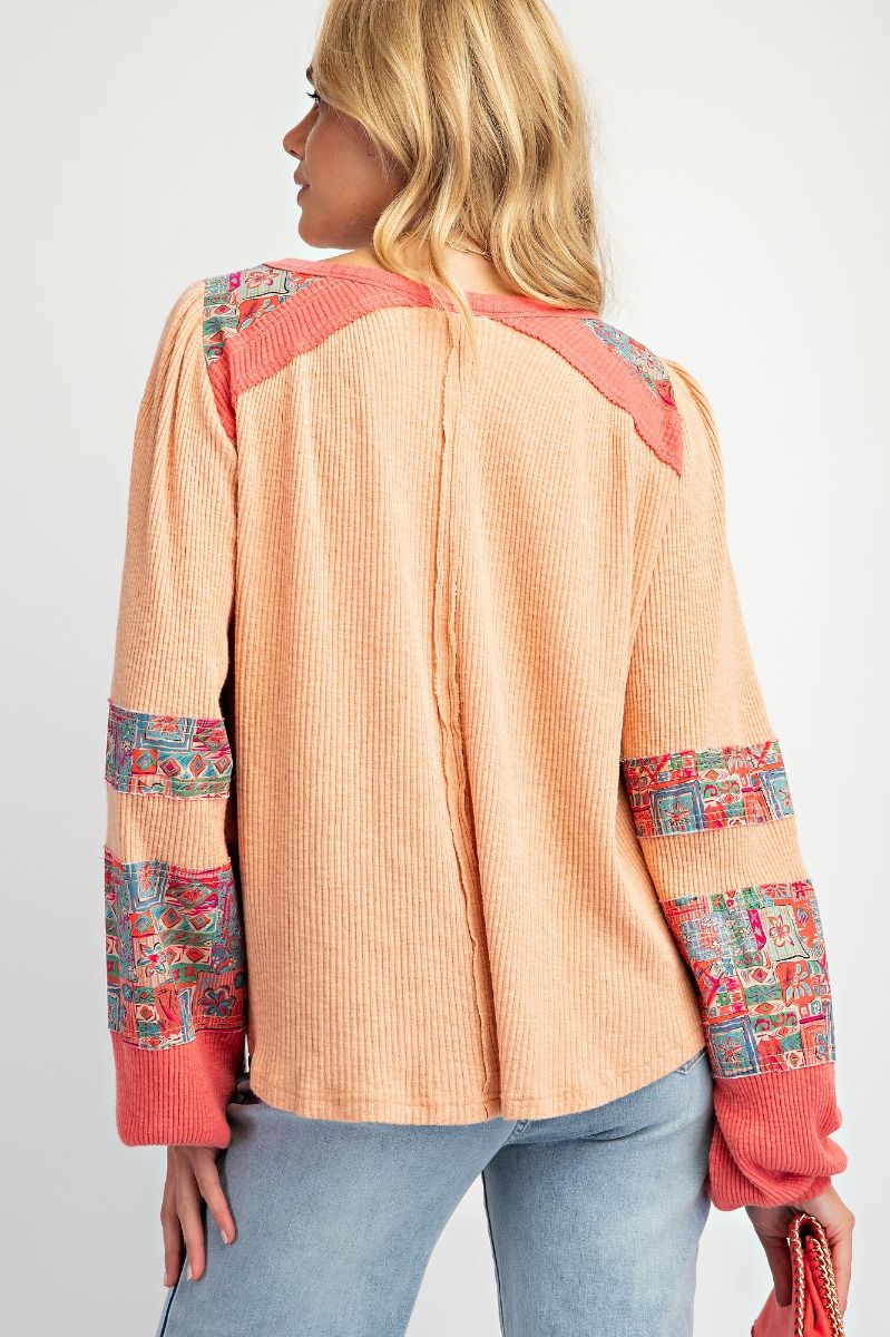 Print Mix Textured Rib Knit Top