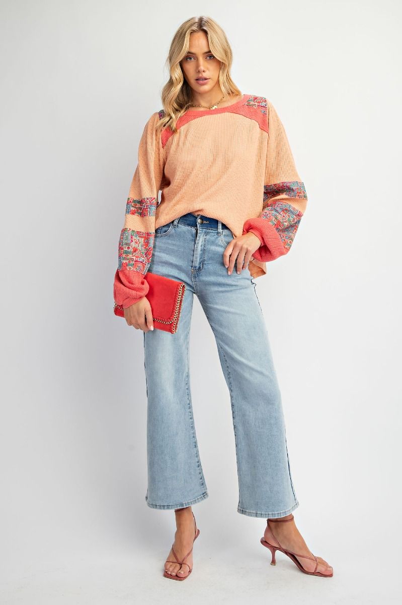 Print Mix Textured Rib Knit Top