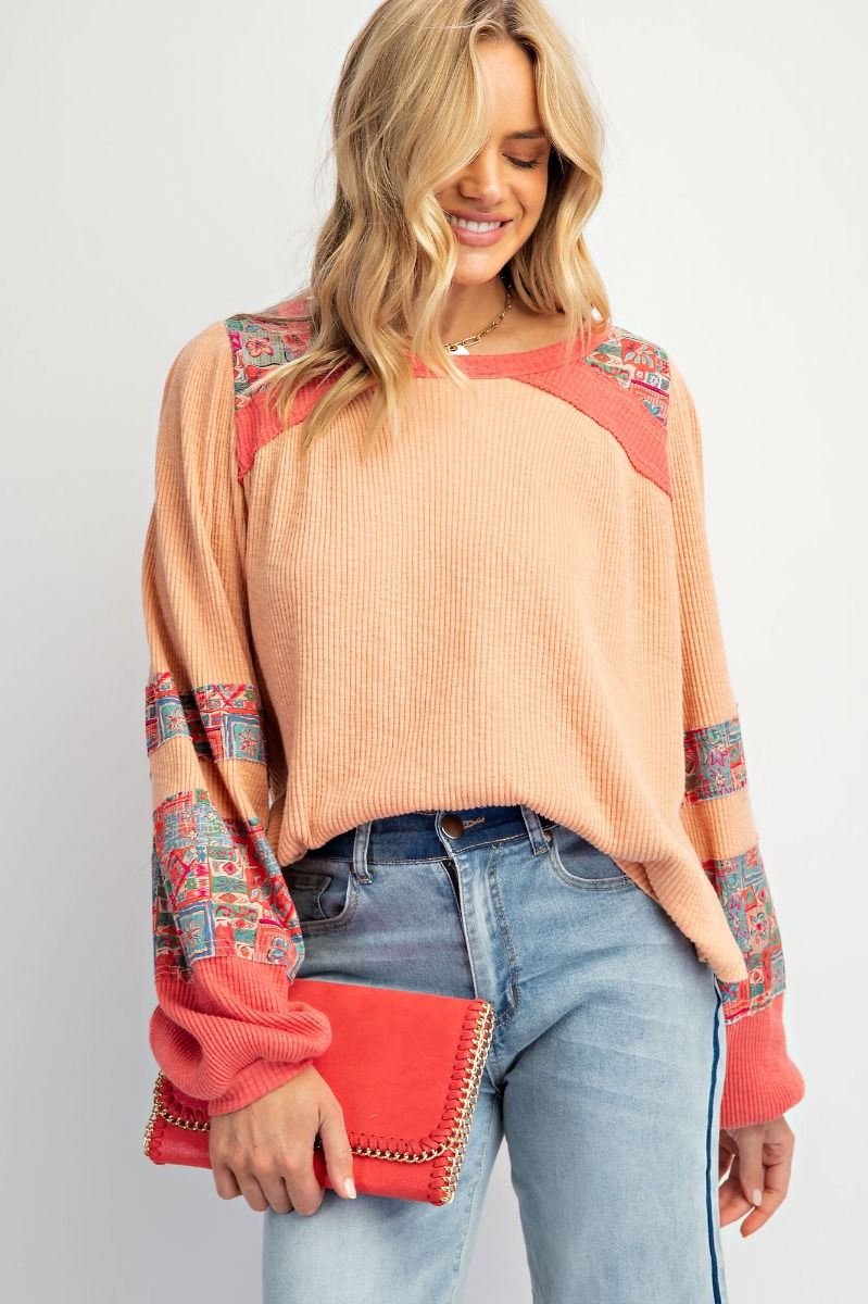 Print Mix Textured Rib Knit Top