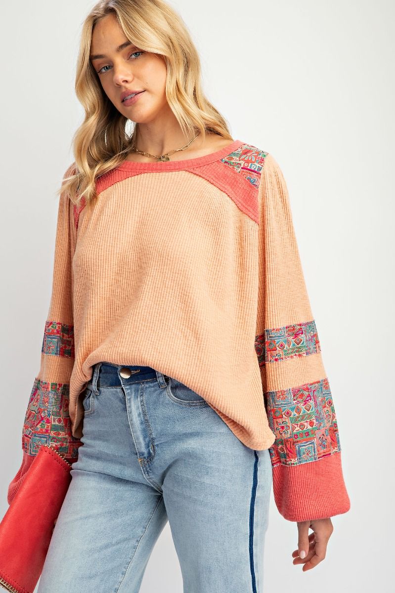 Print Mix Textured Rib Knit Top