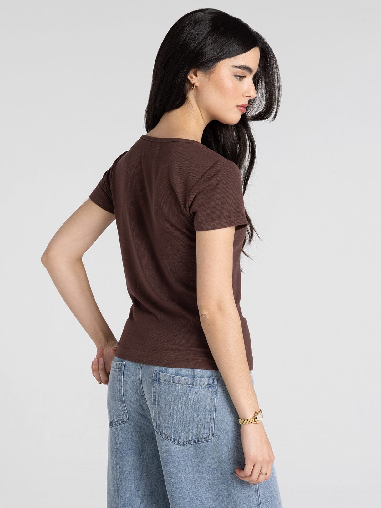 Evanore Top in deep mahogany — relaxed fit short sleeve micro modal top, back view