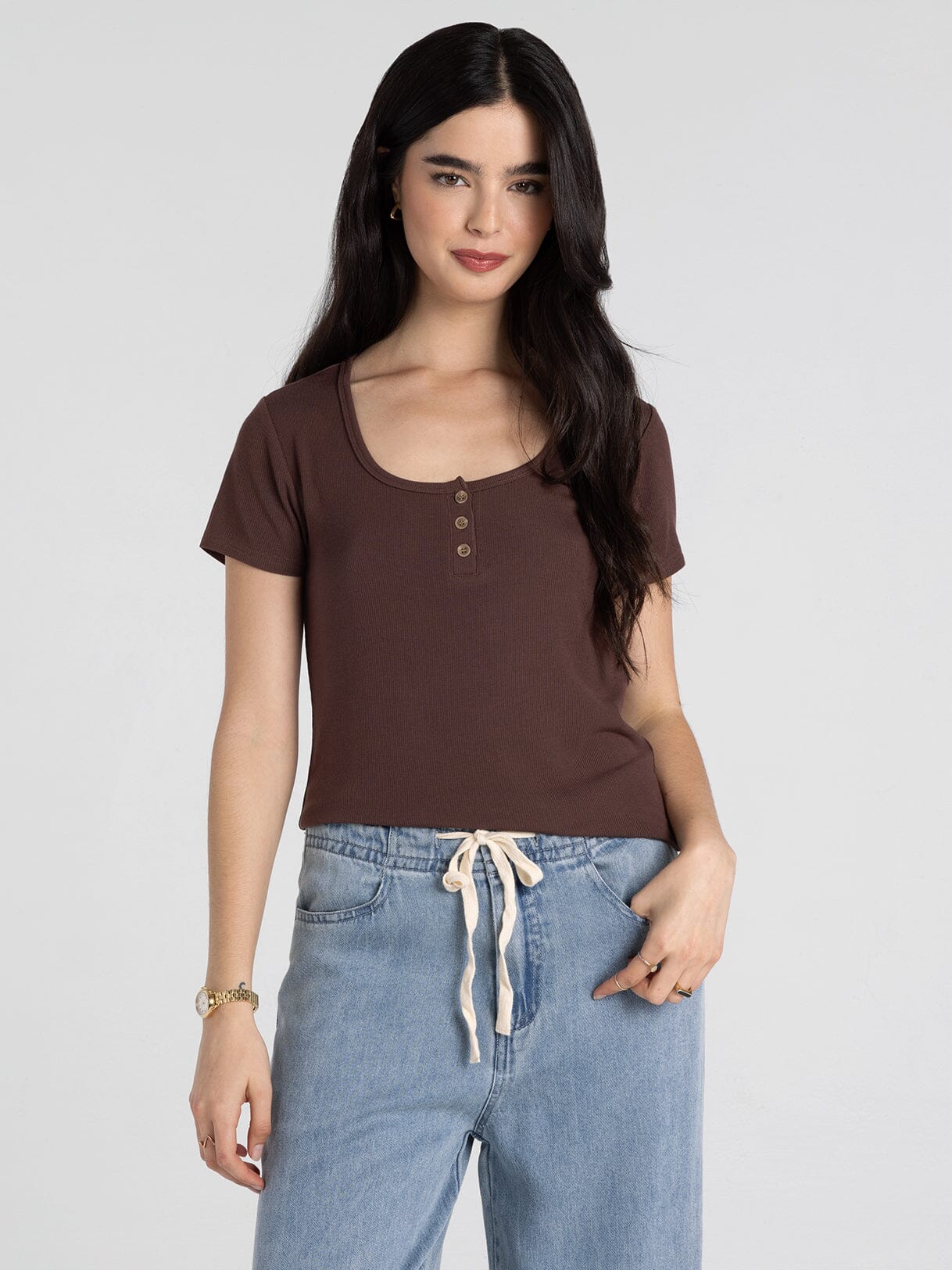 Evanore Top in deep mahogany — women's quarter-button scoop neck micro modal short sleeve top, front view
