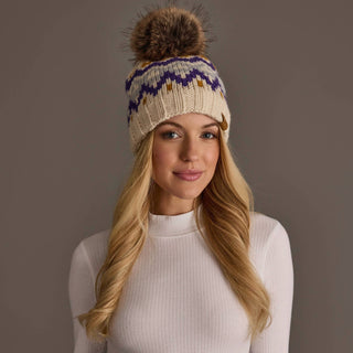 Cream, Gold, Purple & Gray Patterned Pom Hat