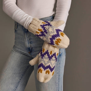 Cream, Gold, Purple & Gray Patterned Mittens