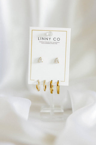 Pasadena CZ Stud & Huggie Hoop Gold Tone Earring Set