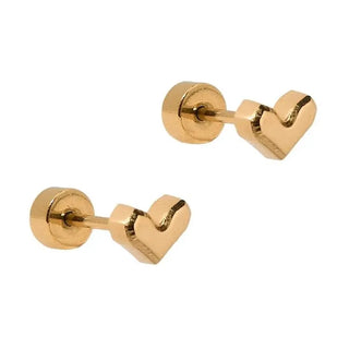 Fable Heart Gold Screwback Stud Earrings featuring polished gold heart studs with waterproof flat-back stainless steel and hypoallergenic construction.