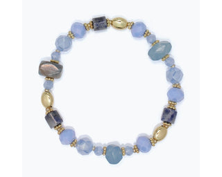 Faceted blue quartz and sodalite bead stretch bracelet with polished gold oval beads and daisy spacers by Periwinkle — a serene, nature-inspired gemstone jewelry piece
