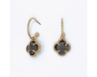 Faceted smoky gray crystal clover charm hoop earrings with gold milgrain beaded frame by Periwinkle — elegant quatrefoil crystal charm on a gold-tone hoop
