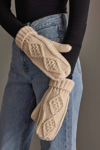 Fleece-Lined Cable Knit Mittens - Beige