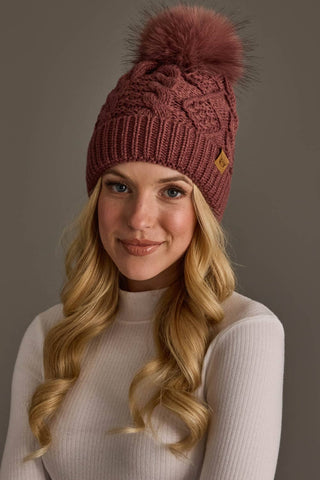 Dark Pink Cable Knit Pom Beanie