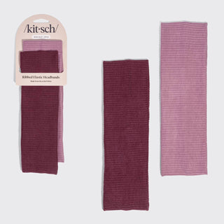 Ribbed Elastic Headband 2-Pack — Cherry Lacquer & Dusty Pink
