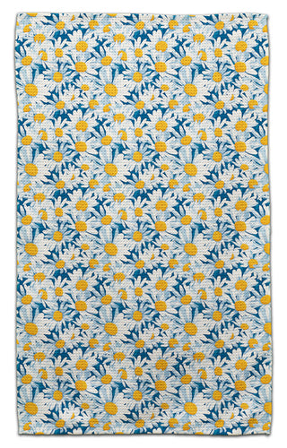 Floral daisy eco-friendly waffle weave kitchen towel with white daisies and blue background by CJ Bella