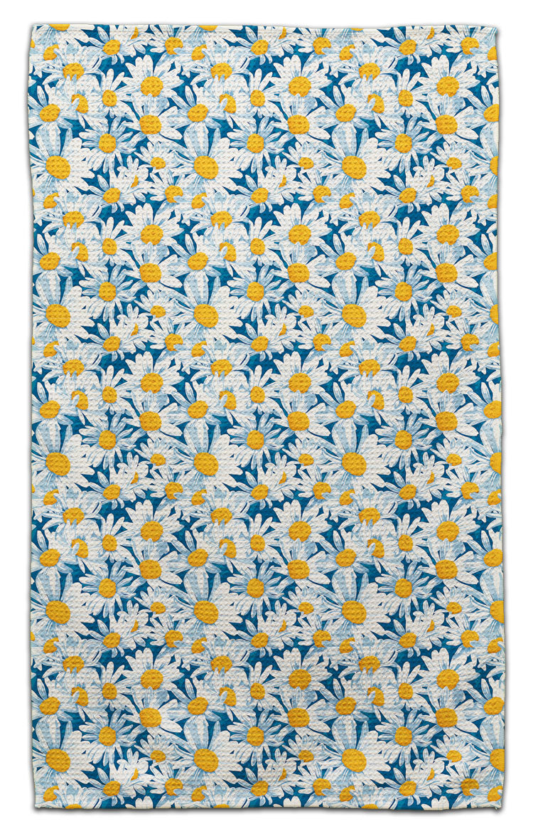 Floral daisy eco-friendly waffle weave kitchen towel with white daisies and blue background by CJ Bella