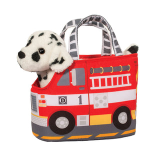 Fire truck plush carrier bag with stuffed Dalmatian dog for pretend play