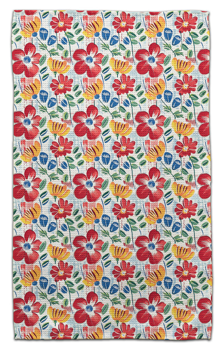 Red yellow and blue floral eco-friendly kitchen towel made from recycled materials