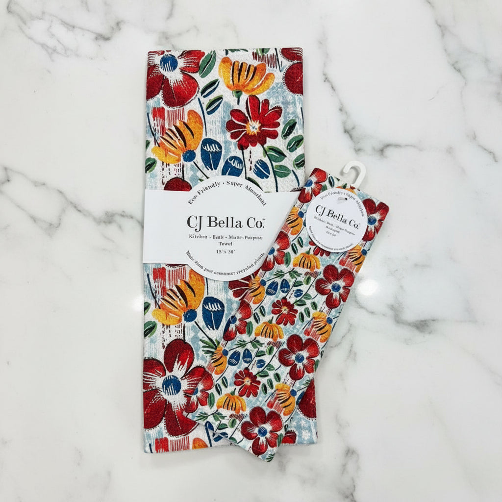 Colorful red yellow and blue floral eco-friendly washcloth and towel made from recycled materials