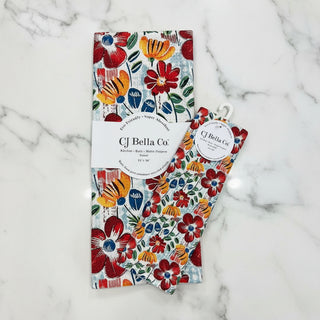 Colorful red yellow and blue floral eco-friendly washcloth and towel made from recycled materials