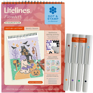 Lifelines FlowArt Dot-by-Letter 'Spooky Season' kit shown with its orange pattern booklet, a hand demonstrating the dotting activity, and four double-sided markers on a white background.