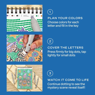 A blue instructional graphic for FlowArt Spooky Season showing three numbered steps with photos of the pen, a close-up of a hand dotting a patterned page, and a completed colorful notebook cover.