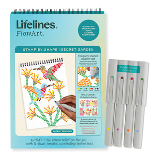 FlowArt Stamp by Shape: Secret Garden by Lifelines — a meditative mosaic art pad with 20 garden scenes and 4 uniquely shaped markers including oval, square, hexagon, and circle
