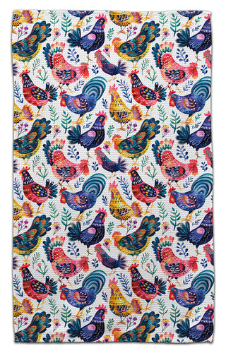 Folk art chickens eco-friendly tea towel by CJ Bella, colorful farmhouse chicken kitchen towel