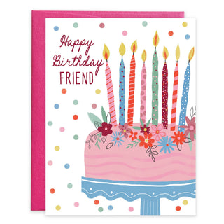 Friend Cake Birthday Greeting Card by Gina B Designs — a glitter embellished A2 birthday card with original cake artwork, includes envelope, proudly made in the USA
