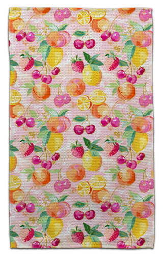 Eco-friendly waffle weave kitchen towel with watercolor strawberries cherries peaches lemons and oranges on a pink background by CJ Bella
