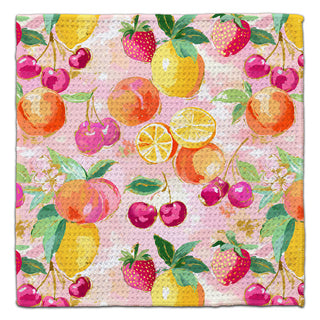 Eco-friendly waffle weave washcloth with watercolor strawberries cherries peaches lemons and oranges on a pink background by CJ Bella