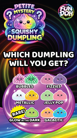 Promotional image of a colorful dumpling toy with various flavors and a question asking which dumpling will be obtained.