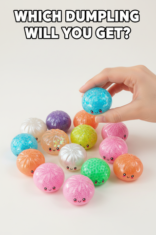 Colorful mini dumpling toys with a hand picking one up on a white background.