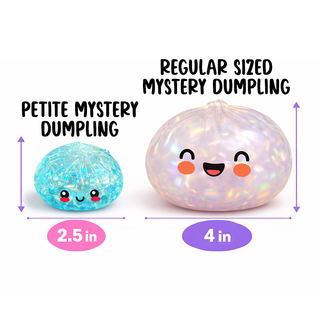 Two squishy dumpling toys with measurements labeled on a white background