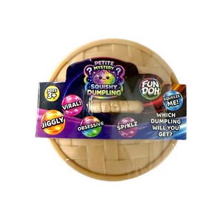 Packaged mystery mini dumpling with colorful labels on a white background