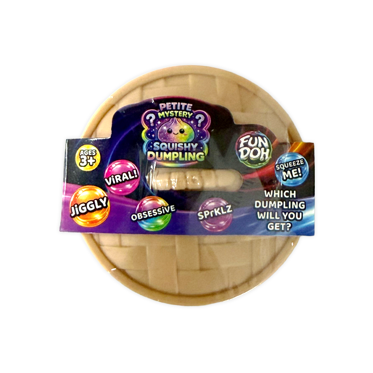 Packaged mystery mini dumpling with colorful labels on a white background