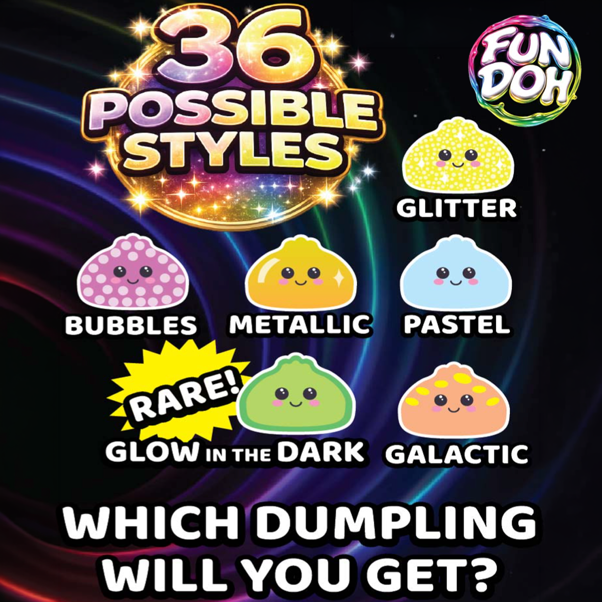 Promotional image of Fun Doh dumplings with various styles and colors on a dark background.
