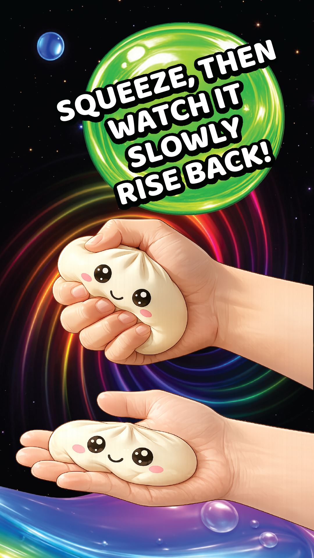 Squishy toy with cartoon face held in hands against a colorful background with text 'Squeeze, then watch it slowly rise back!'.